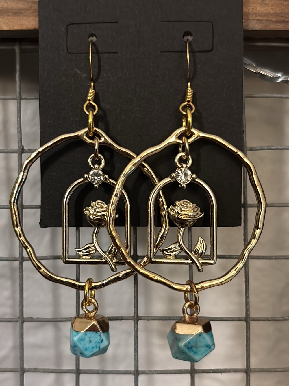 Gold tone Rose Cage Hoop Earrings with Howlite Bead Accent